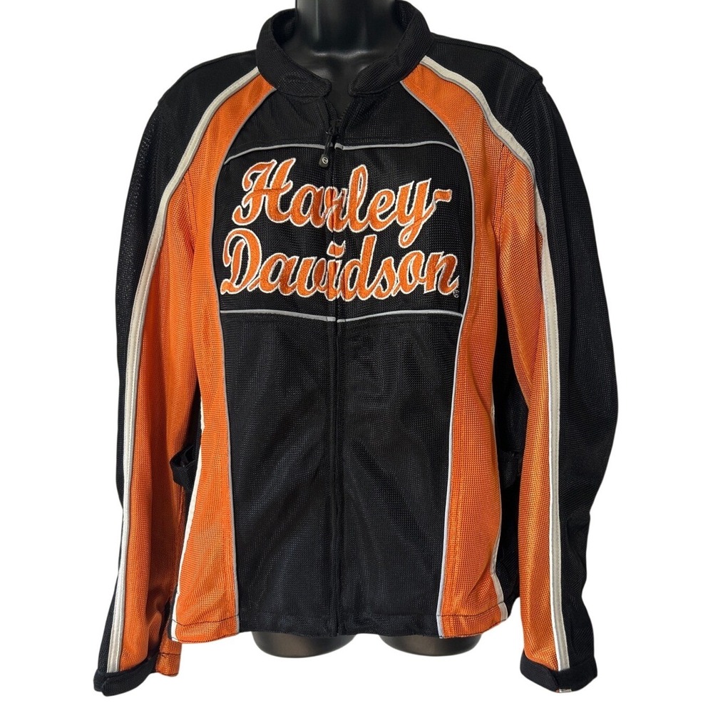 Harley Davidson Mesh Riding Jacket Womens XL Black Orange Embroidered Biker Moto